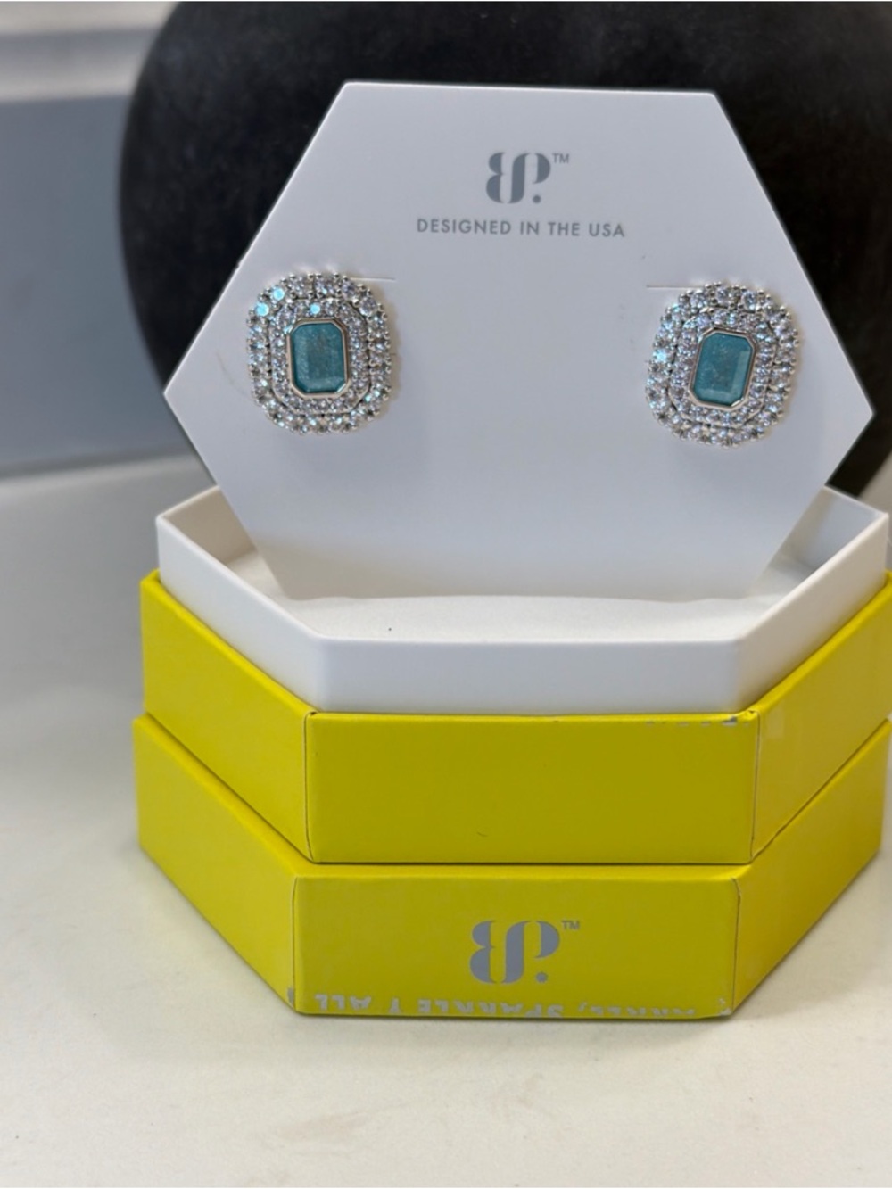BP OG Earrings Blue Topaz Ice Crystal Stud Earrings Bomb Party Jewelry NIB